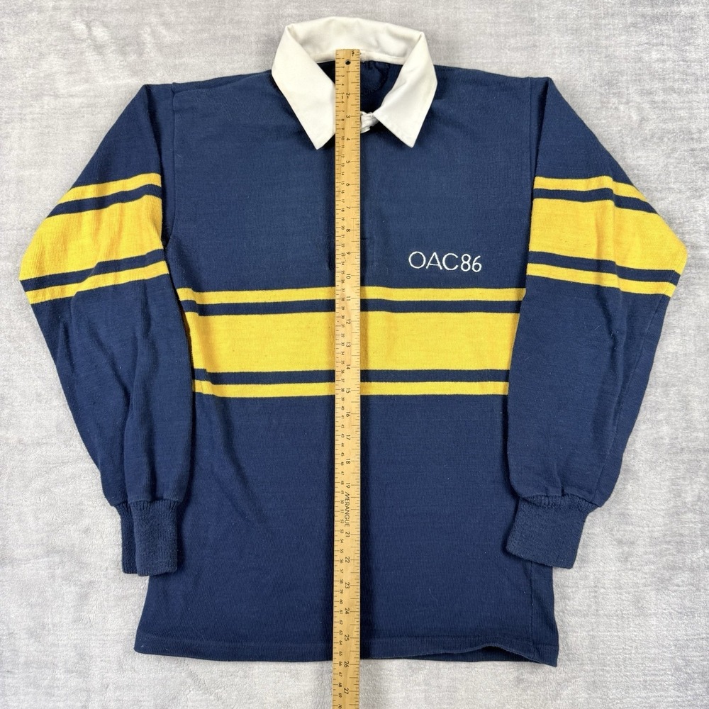 Vintage 80s Rugby Polo Mens Medium Navy Blue Striped Ontario Agriculture School - Picture 8 of 11